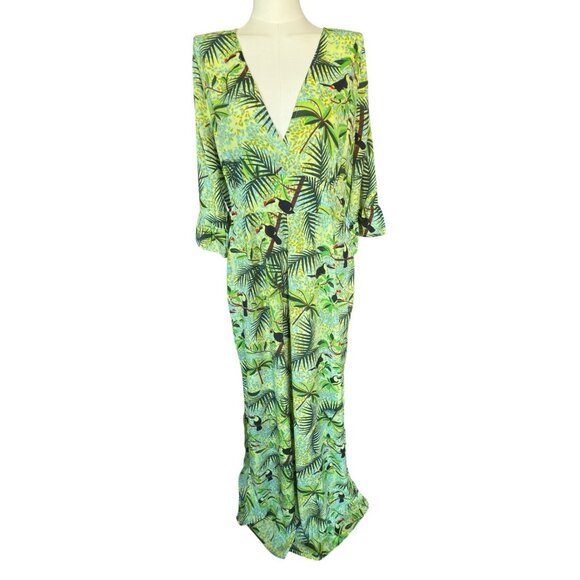 NWT America and Beyond V-Neck Lightweight Leaf Toucan Jumpsuit Women's Sz XL - Picture 1 of 15